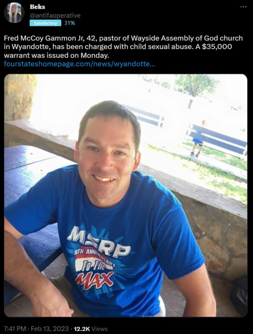 Fred McCoy Gammon Jr 42 pastor of Wayside Assembly of God church in Wyandotte has been charged with child sexual abuse A 35000 warrant was issued on Monday 122