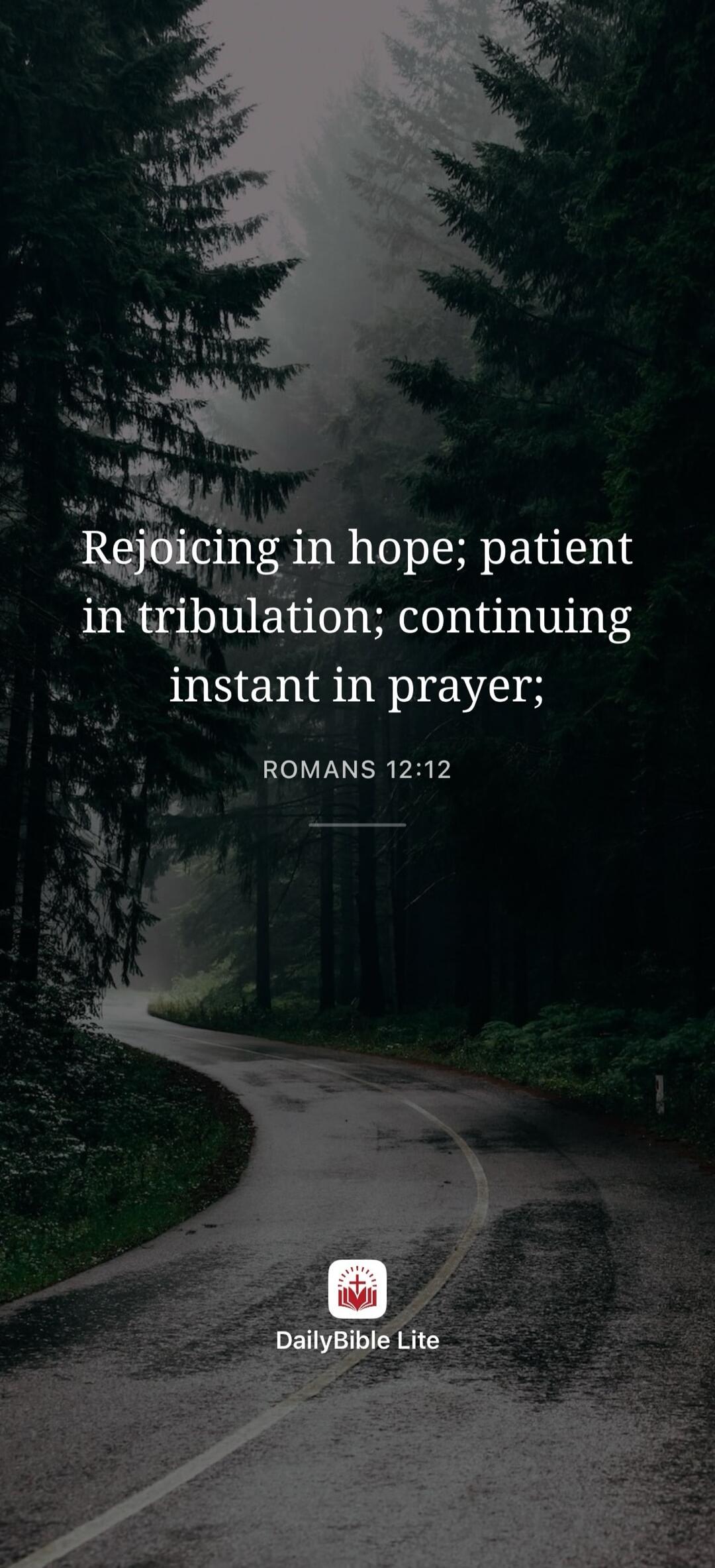 Rejoicing in hope; patient in tribulation; continuing instant in prayer; ROMANS 12:12 DailyBible Lite