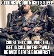 GETTING A GOOD NIGHT'S SLEEP CAUSE THE CIVIL WAR THE LEFT IS CALLING FOR - WILL BE OVER BEFORE BREAKFAST