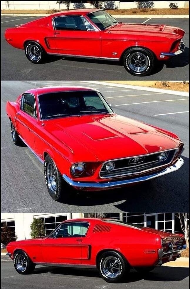 A red Ford Mustang fastback is shown from multiple angles.