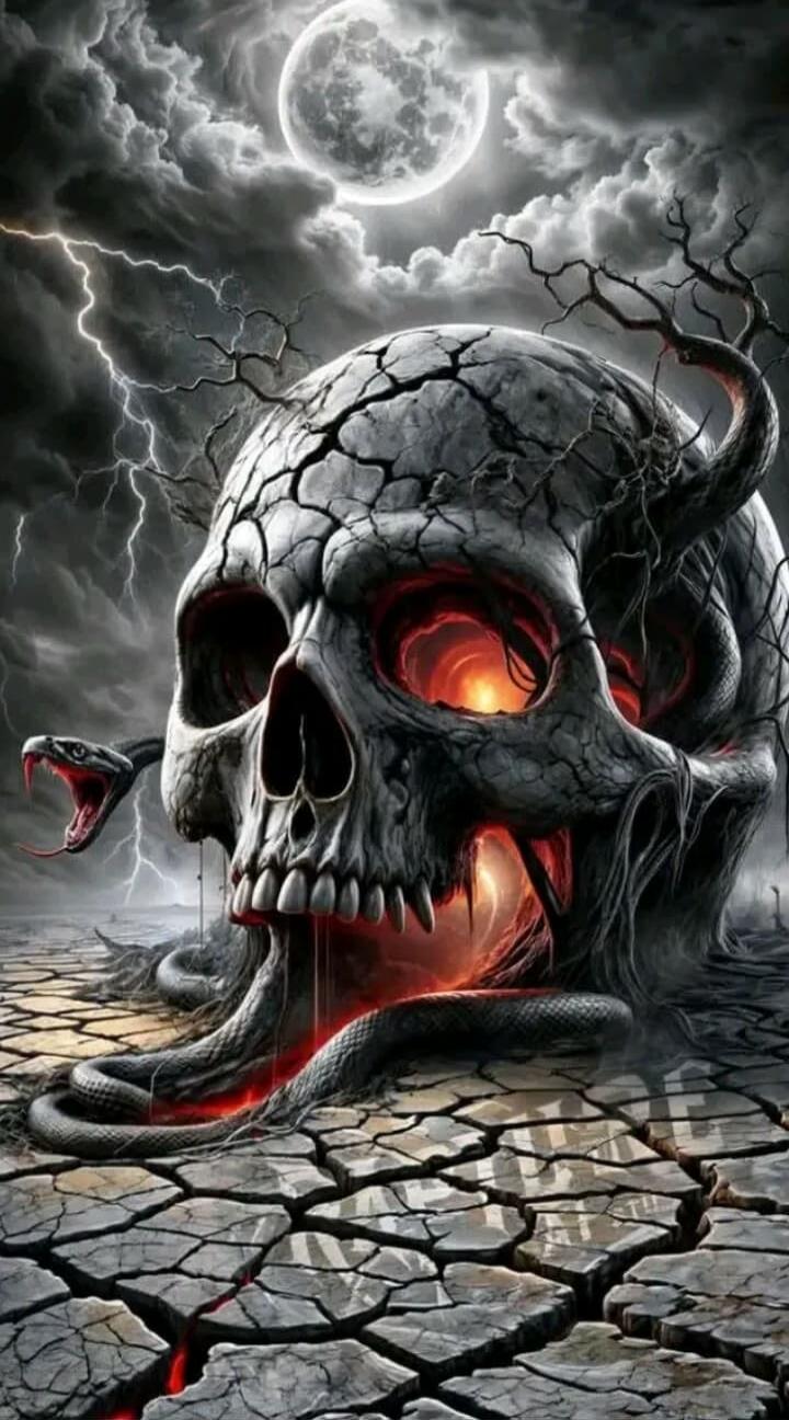 A cracked skull with lava-like glow, barren cracked ground, snakes, and a stormy sky with a bright moon.