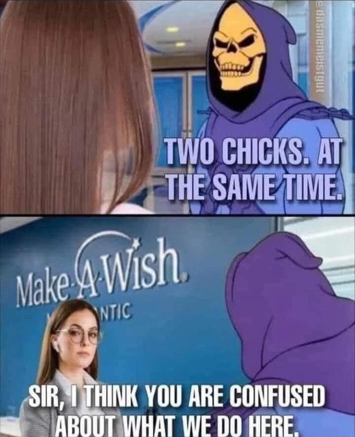 Two Chicks. At the same time.
Sir, I think you are confused about what we do here.