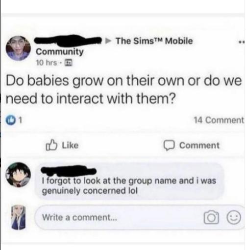 The Sims Mobile Community 10 brs Do babies grow on their own or do we need to interact with them o 14 Comment o Like D comment c 1 orgo ln look at the group name and i was genuinely concerned lol E Write a comment 0