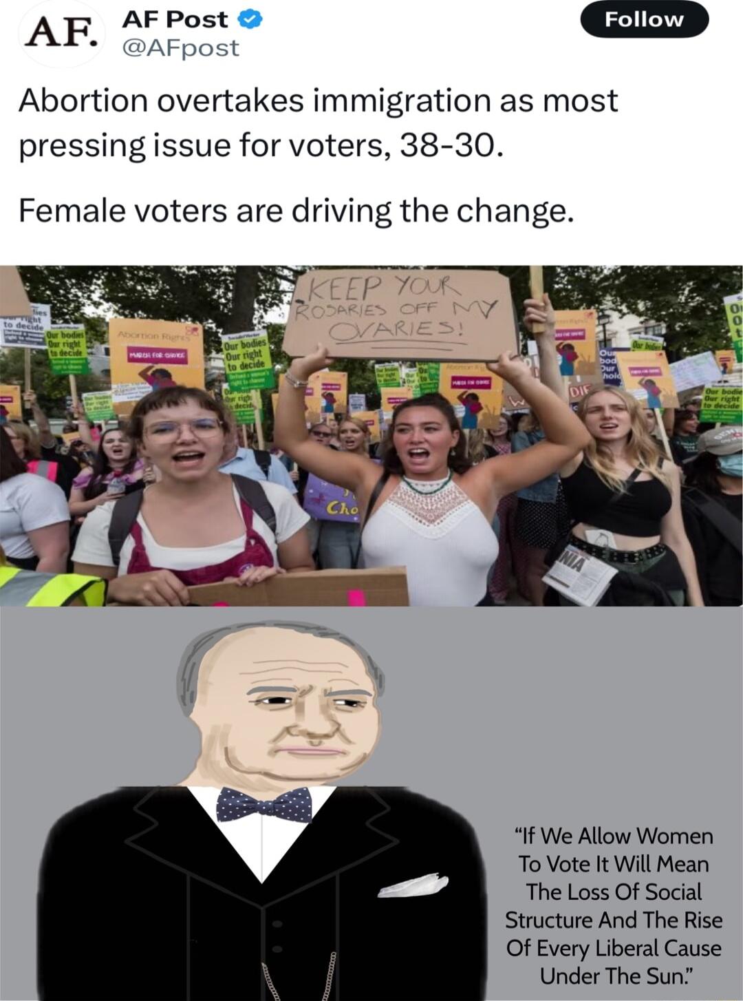 AF AFPost G Abortion overtakes immigration as most pressing issue for voters 38 30 Female voters are driving the change If We Allow Women To Vote It Will Mean The Loss Of Social Structure And The Rise Of Every Liberal Cause Under The Sun