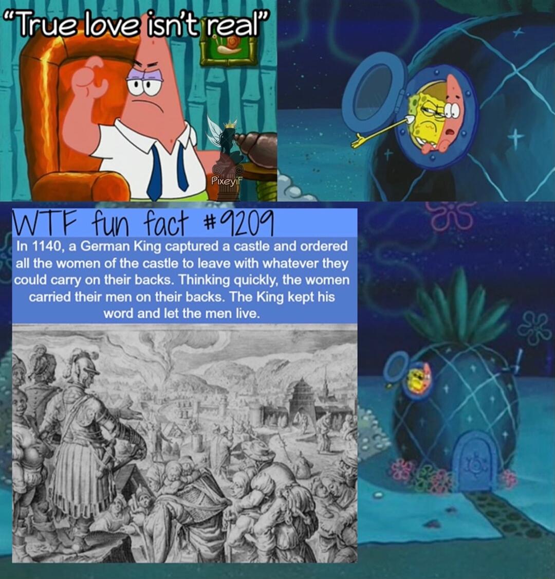 ruelovelisnitireal MWTF fun fact 4207 n 1140 a German King captured a castle and orderod il the women of the castle o leave with whatever they could carry on their backs Thinking quickly the women cartied their men on their backs The King kept his 3