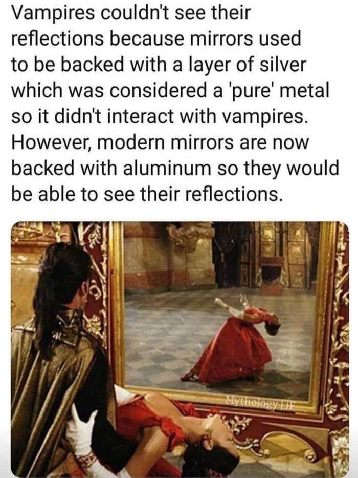 Vampires couldn't see their reflections because mirrors used to be backed with a layer of silver which was considered a 'pure' metal so it didn't interact with vampires. However, modern mirrors are now backed with aluminum so they would be able to see their reflections.