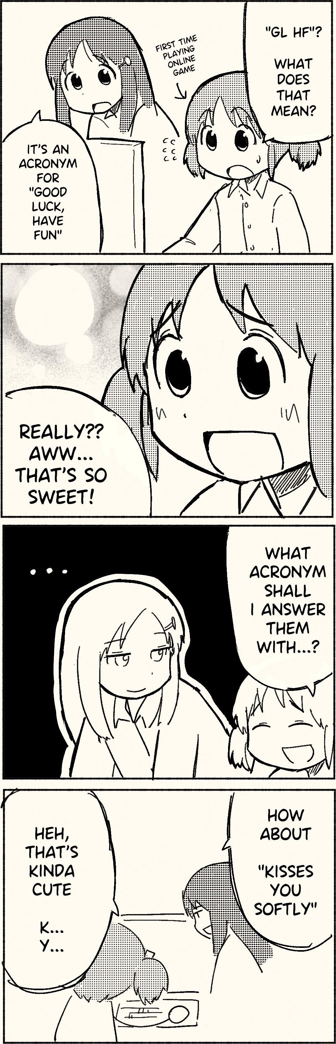 ITS AN ACRONYM FOR GOOD LUCK HAVE FUN REALLY AWW THATS SO SWEET ACRONYM SHALL ANSWER THEM i HOW HEH ABOUT THATS KINDA KISSES You SOFTLY