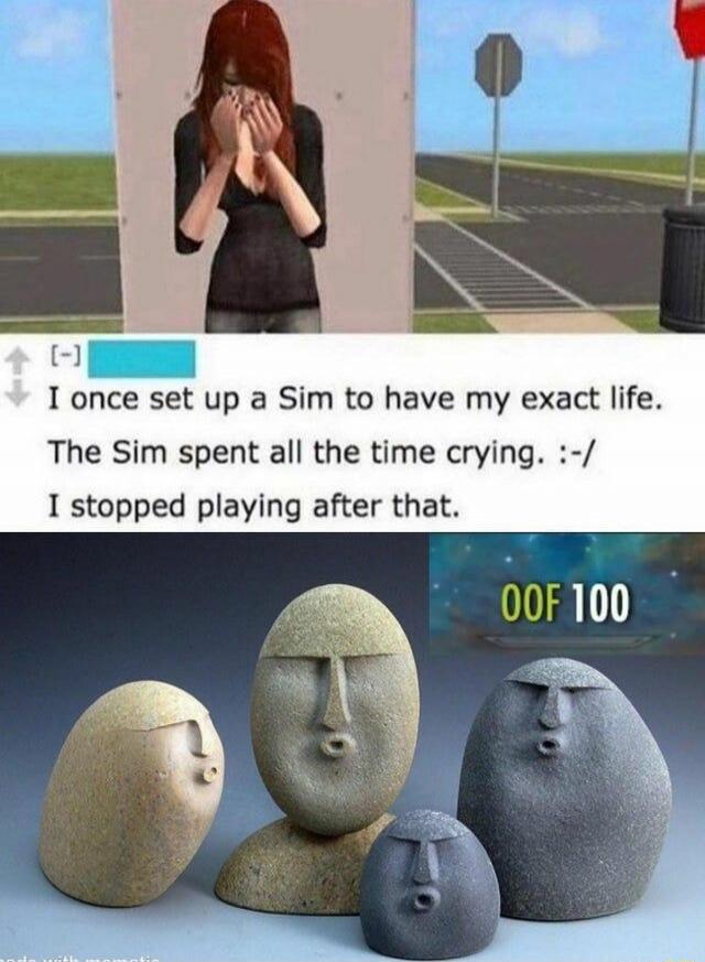I once set up a Sim to have my exact life. The Sim spent all the time crying. :-/ I stopped playing after that. OOF 100