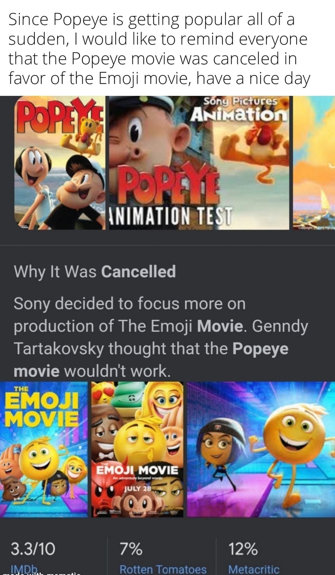 Since Popeye is getting popular all of a sudden I would like to remind everyone that the Popeye movie was canceled in favor of the Emoji movie have a nice day bndiPictures WA RVERN o1 o1 1 SYo0 e Tl le To B o oTol U N pqlo Woy ogeYe Vo3 dTeaWe M N N g oo MY M TTa10T0 Y Tartakovsky thought that the Popeye movie wouldnt work CRCIA0 7 12 Rotten Tomatoes Metacritic