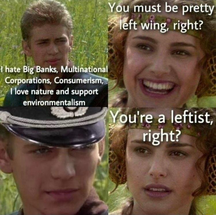 You must be pretty Nt ftwlng right p v S hate Big Banks hked Corporations Consumi Iove nature and support s environmentalism o 1S ea ure a leftist right
