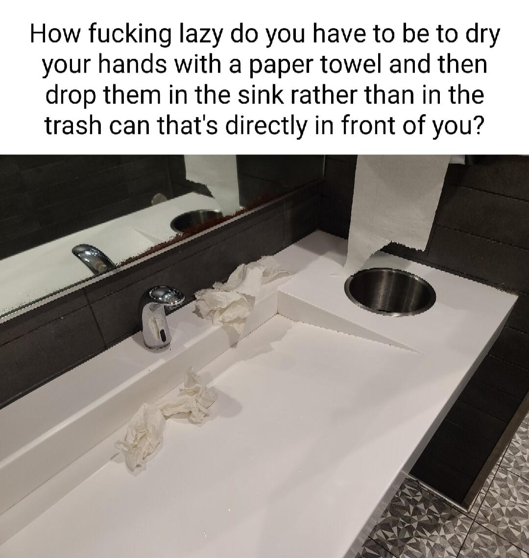 How fucking lazy do you have to be to dry your hands with a paper towel and then drop them in the sink rather than in the trash can thats directly in front of you