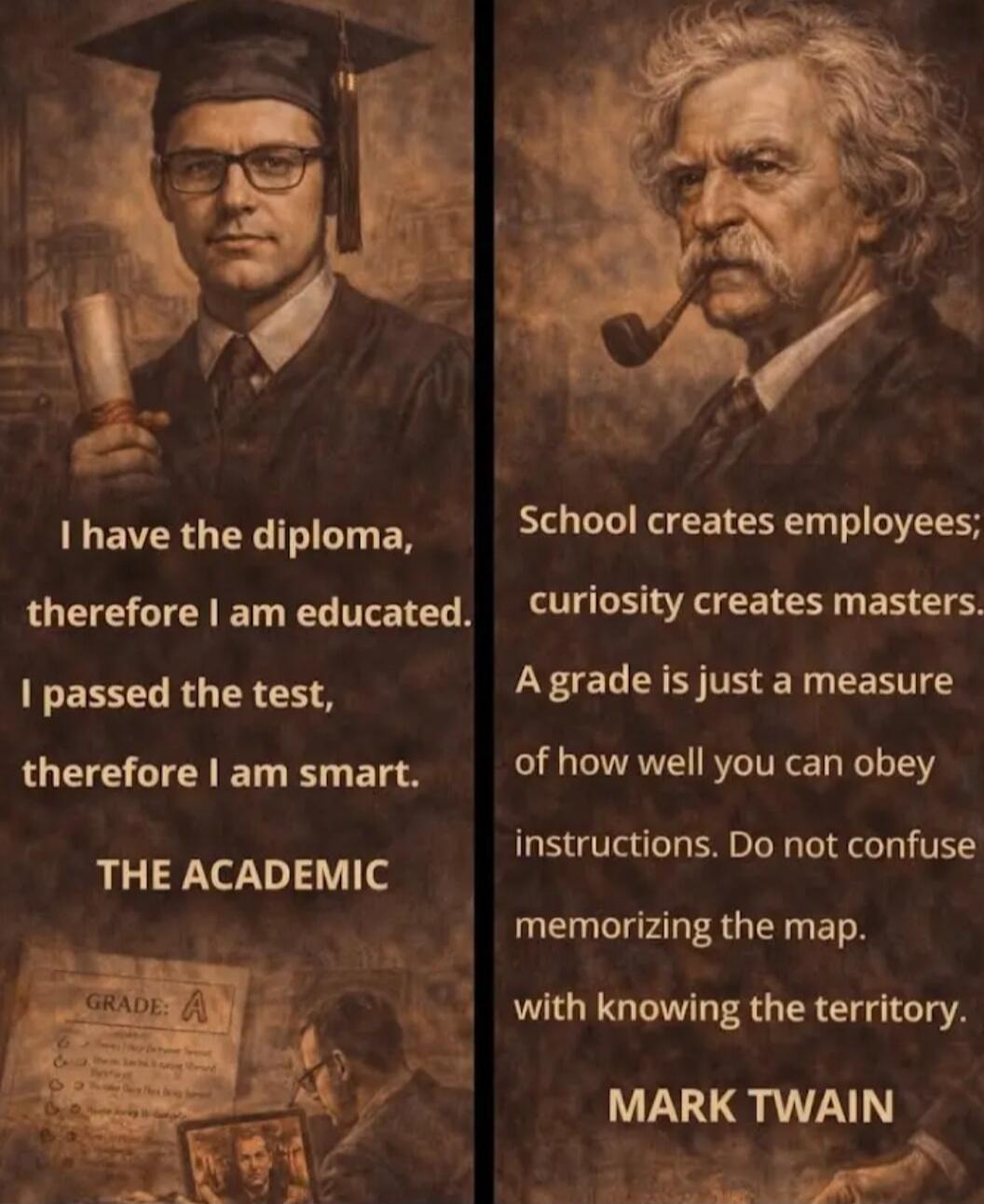 I have the diploma, therefore I am educated. I passed the test, therefore I am smart. THE ACADEMIC

School creates employees; curiosity creates masters. A grade is just a measure of how well you can obey instructions. Do not confuse memorizing the map with knowing the territory. MARK TWAIN