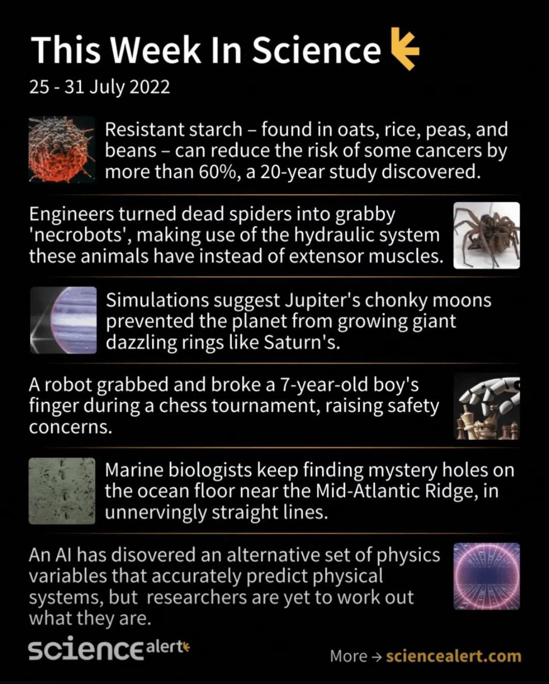 This Week In Science 25 31July 2022 Resistant starch found in oats rice peas and beans can reduce the risk of some cancers by more than 60 a 20 year study discovered Engineers turned dead spiders into grabby necrobots making use of the hydraulic system these animals have instead of extensor muscles simulations suggest Jupiters chonky moons prevented the planet from growing giant R Soring rings ke 