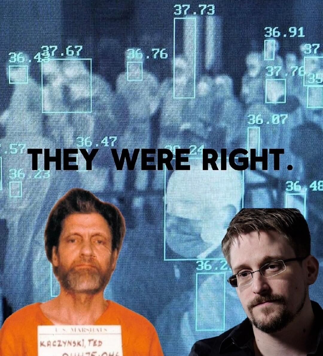 THEY WERE RIGHT. U.S. MARSHALS KACZYNSKI, TED. The background shows thermal imaging or surveillance data with various temperature readings and bounding boxes around people.