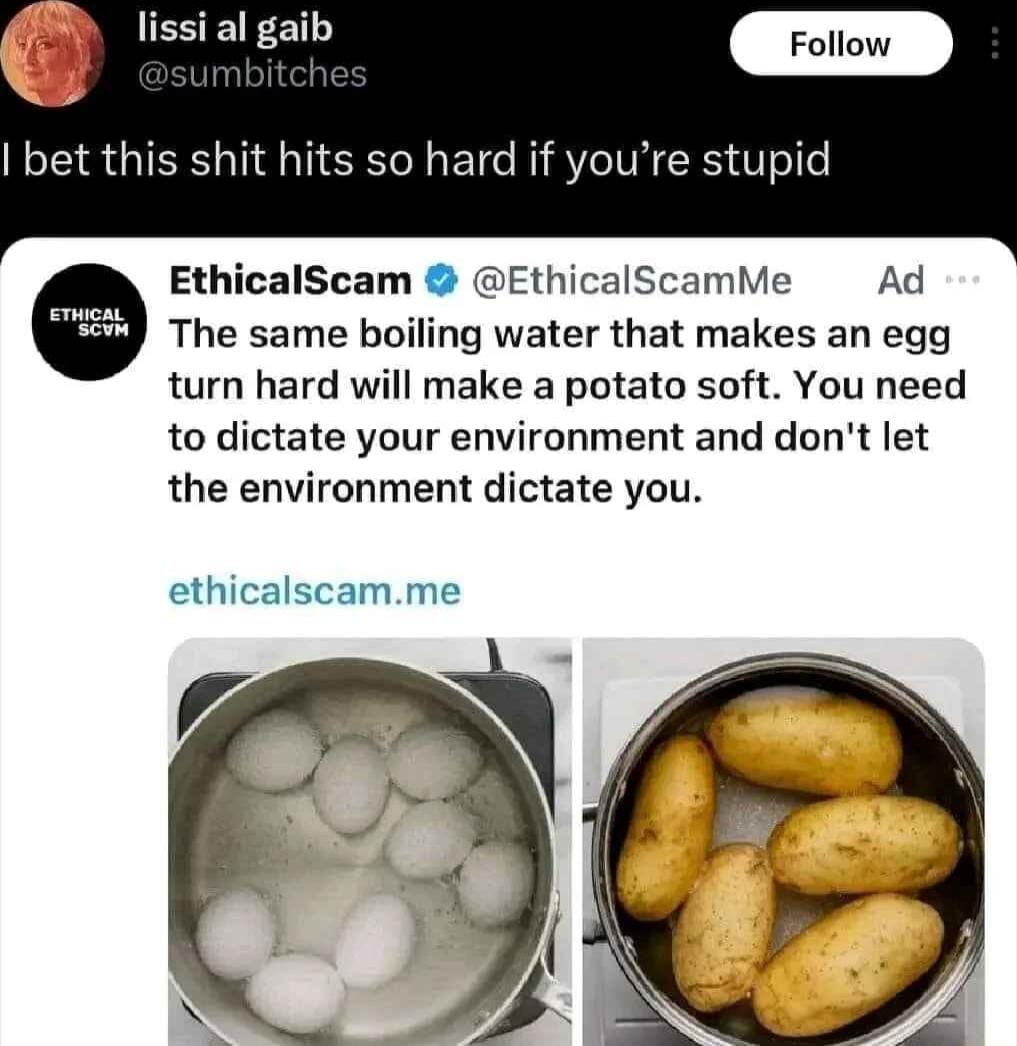 lissi al gaib bet this shit hits so hard if youre stupid EthicalScam EthicalScamMe Ad The same boiling water that makes an egg turn hard will make a potato soft You need to dictate your environment and dont let the environment dictate you AN ethicalscamme