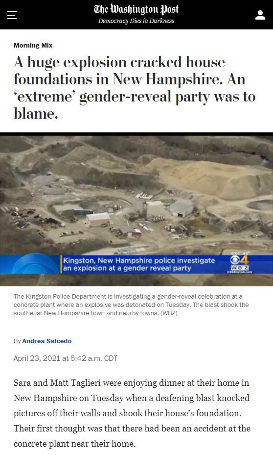 Morning Mix A huge explosion cracked house foundations in New Hampshire An extreme gender reveal party was to blame Kingston New Hampshire p an explosion at a gend The Kingston Police Department is investigating a gender reveal celebration at a concrete plant where an explosive was detonated on Tuesday The blast shook the southeast New Hampshire town and nearby towns WBZ By Andrea Salcedo April 23