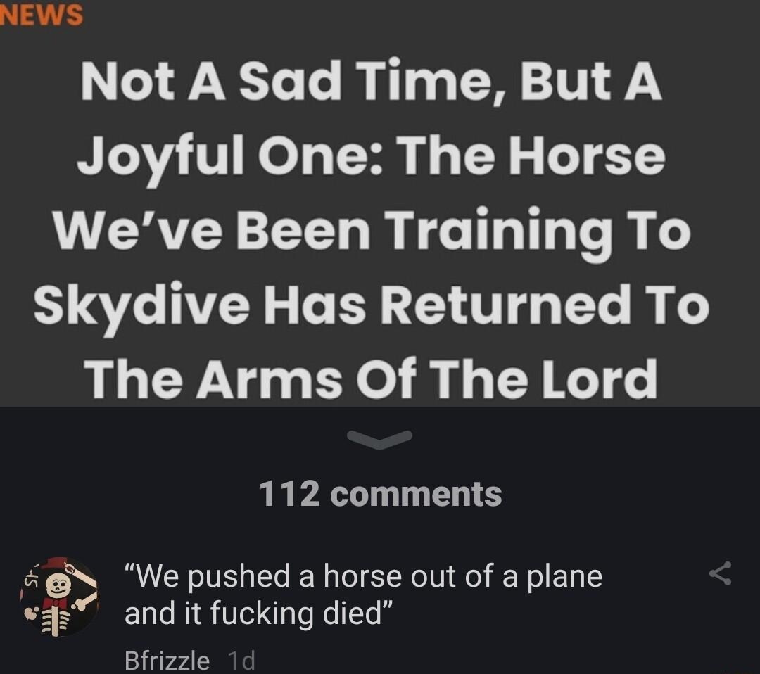 NEWS Not A Sad Time But A Joyful One The Horse VV CRVEY EEN R PTG TR LV N R AT TTe e The Arms Of The Lord 112 comments N We pushed a horse out of a plane and it fucking died Bfrizzle