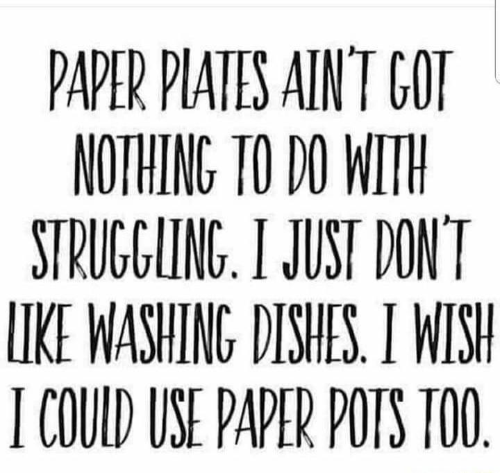 PAPER PLATES AINT GOT NOTHING T0 DO WITH STRUGGLING I JUST DONT LIKE WASHING DISHES I WISH COULD USE PAPER POTS T00
