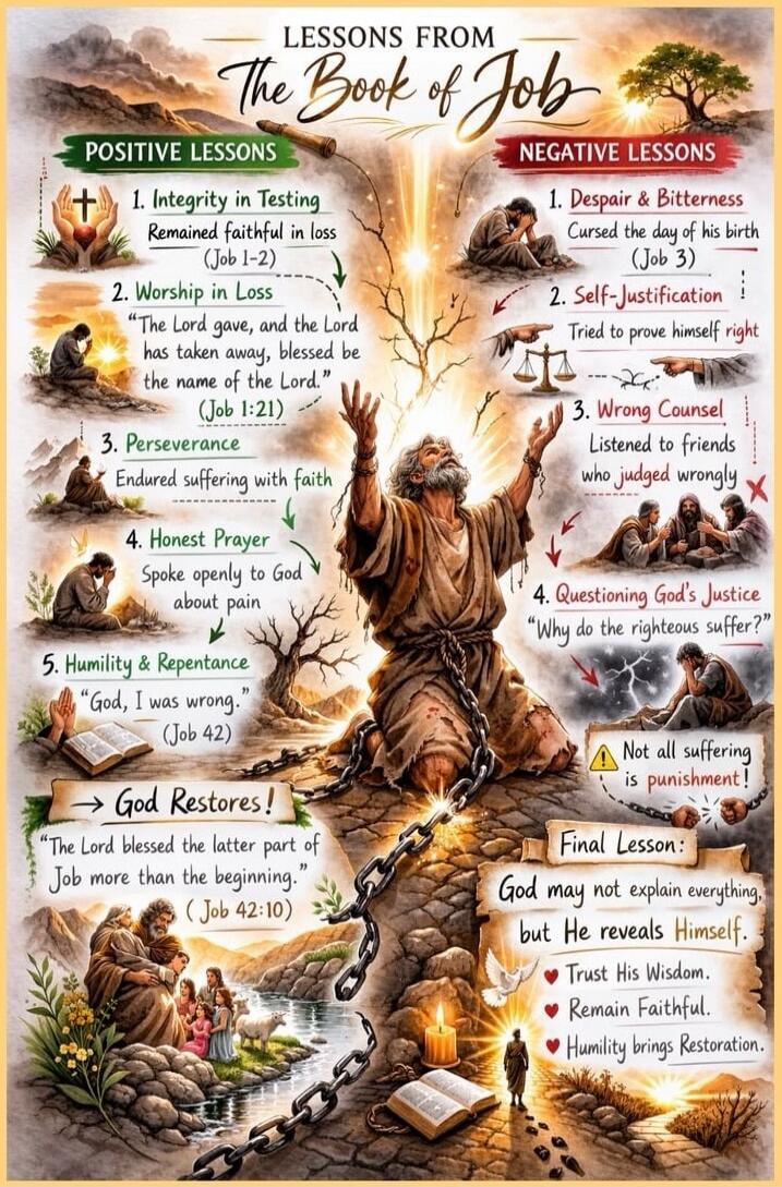 LESSONS FROM The Book of Job. POSITIVE LESSONS: 1. Integrity in Testing: Remained faithful in loss (Job 1-2). 2. Worship in Loss: 