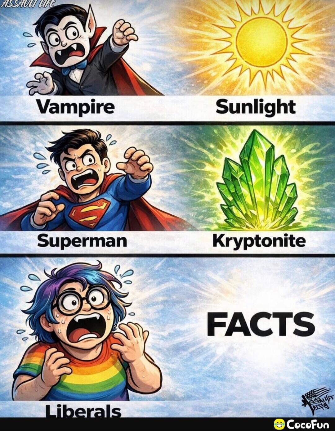 Vampire       Sunlight\nSuperman      Kryptonite\nLiberals      FACTS
