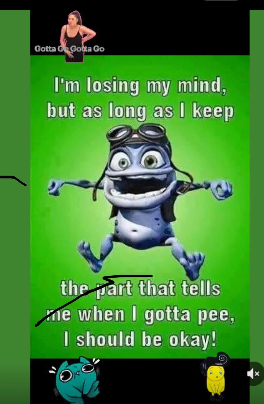 Gotta Go Gotta Go I'm losing my mind, but as long as I keep the part that tells me when I gotta pee, I should be okay!
