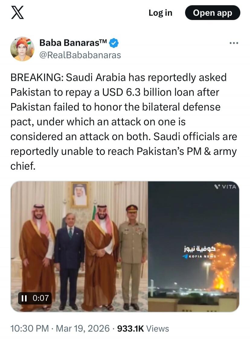 BREAKING: Saudi Arabia has reportedly asked Pakistan to repay a USD 6.3 billion loan after Pakistan failed to honor the bilateral defense pact, under which an attack on one is considered an attack on both. Saudi officials are reportedly unable to reach Pakistan's PM & army chief.