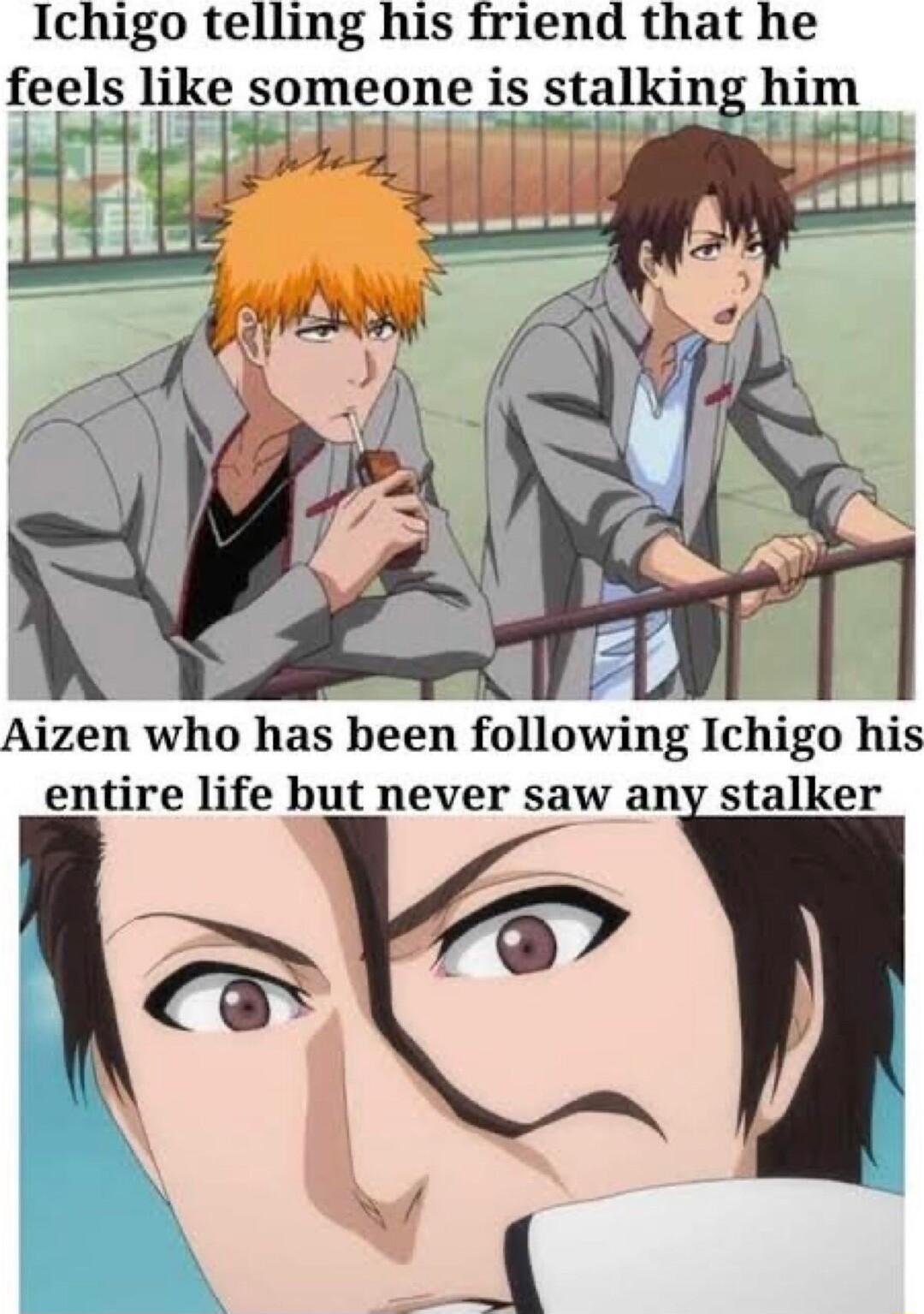 Ichigo telling his friend that he feels like someone is stalking him 4o Aizen who has been following Ichigo his entire life but never saw any stalker A W