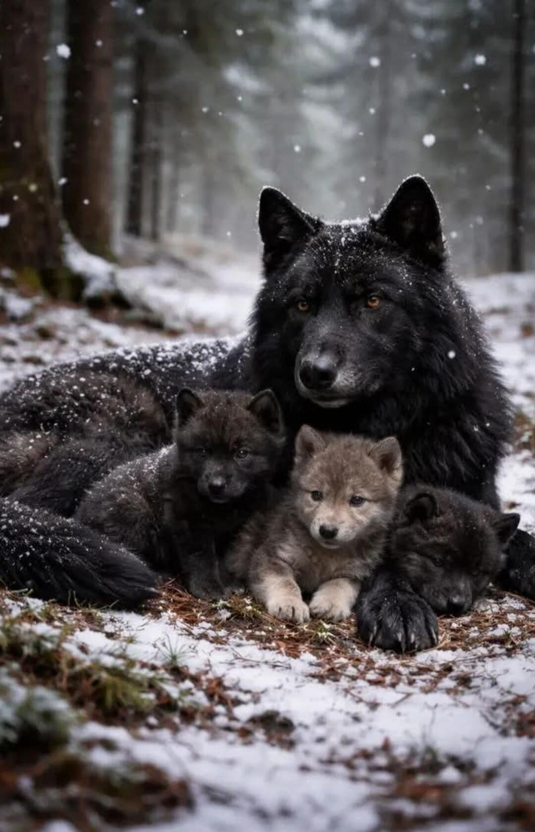A large black adult wolf lying on the snowy ground with several small wolf pups snuggled up beside it in a forest setting with light snow falling.