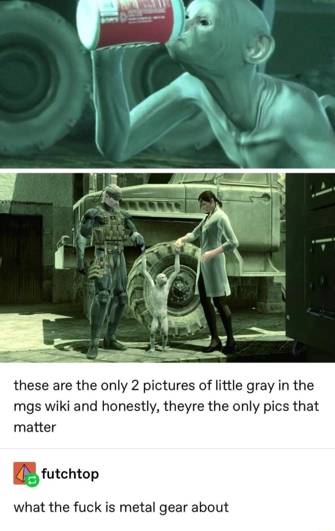 these are the only 2 pictures of little gray in the mgs wiki and honestly theyre the only pics that matter Bfutchtop what the fuck is metal gear about