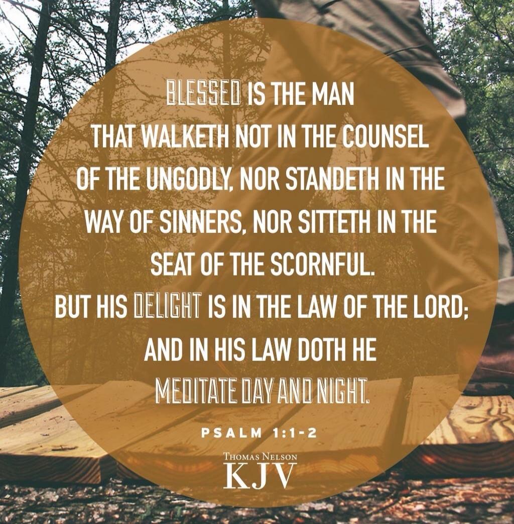 Blessed is the man that walketh not in the counsel of the ungodly, nor standeth in the way of sinners, nor sitteth in the seat of the scornful. But his delight is in the law of the Lord; and in his law doth he meditate day and night. PSALM 1:1-2 THOMAS NELSON KJV