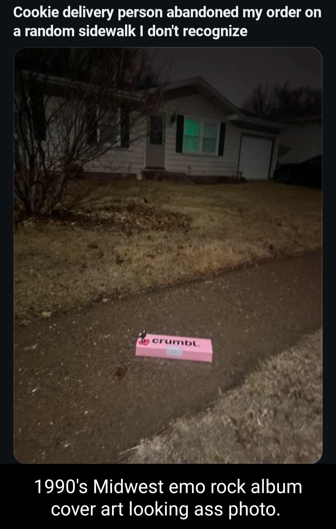 Cookie delivery person abandoned my order on a random sidewalk dont recognize g 1990s Midwest emo rock album cover art looking ass photo