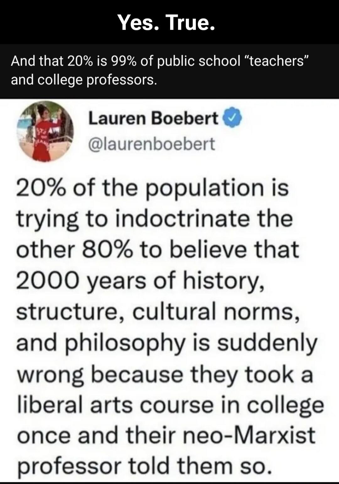 Yes. True. And that 20% is 99% of public school teachers and college professors. Lauren Boebert @laurenboebert 20% of the population is trying to indoctrinate the other 80% to believe that 2000 years of history, structure, cultural norms, and philosophy is suddenly wrong because they took a liberal arts course in college once and their neo-Marxist 