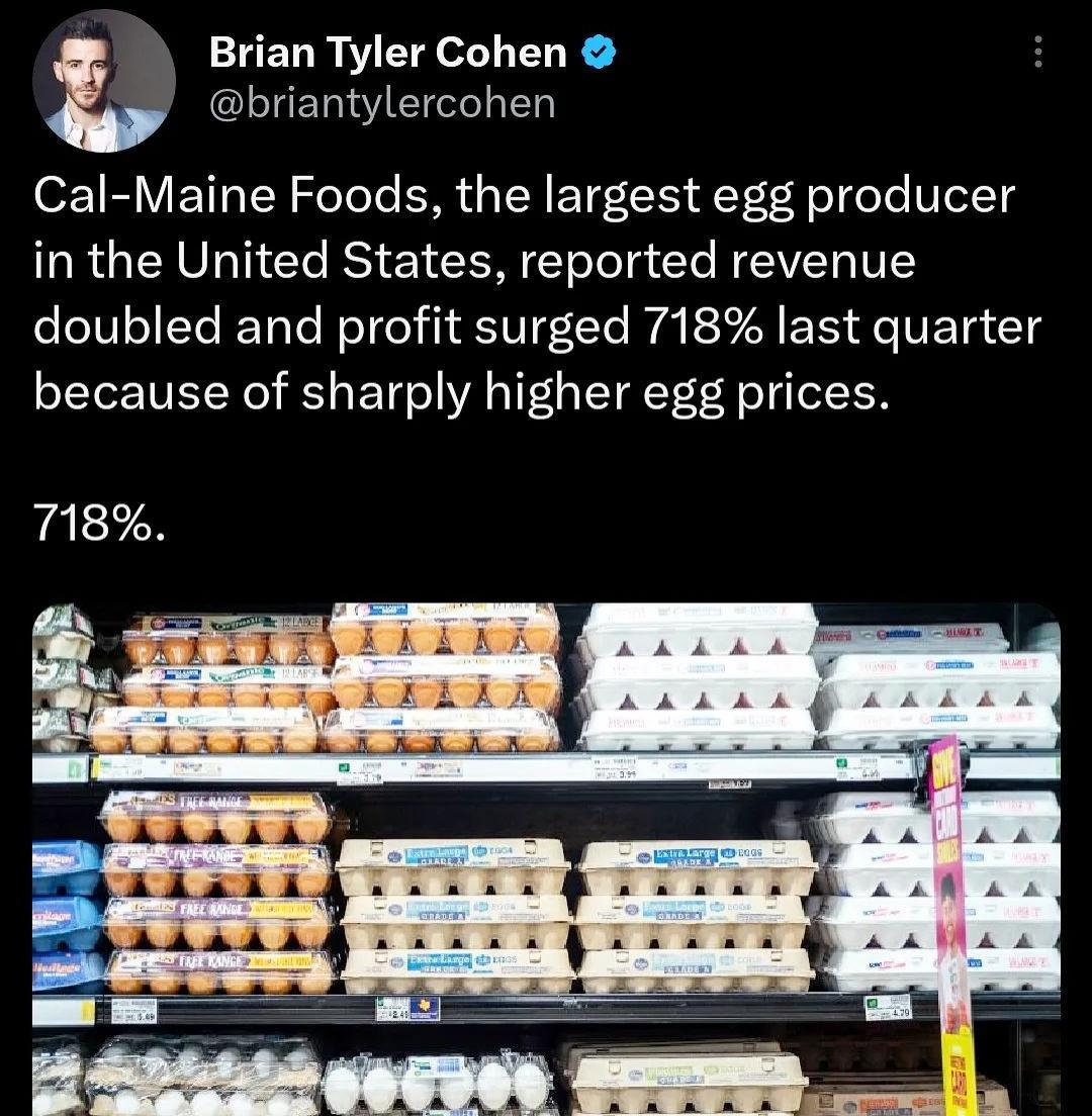 Brian Tyler Cohen 3 briantylercohen 01 RV T R SeTele M R ETf CI 4el eTe VIeT 1g in the United States reported revenue doubled and profit surged 718 last quarter because of sharply higher egg prices 718