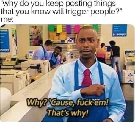 whny do you keep posting things that you know will trigger people me