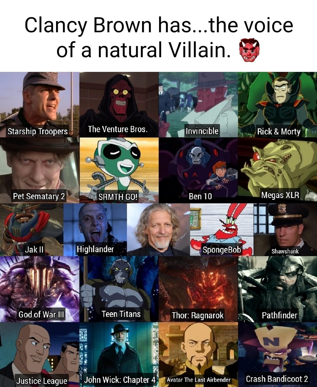 T T ak il Highlander o o 7 s 2 r e Clancy Brown hasthe voice of a natural Villain 8 Ben 10 Nhegas LR oy 5 e 2 S Godof Warl TeenTtans Thor Ragnarok Pathinder D 8 Lo R P i b Justice League M8 John Wick Chapler 4 Jf avsa T Lot Abender Crash Bandicoot 2