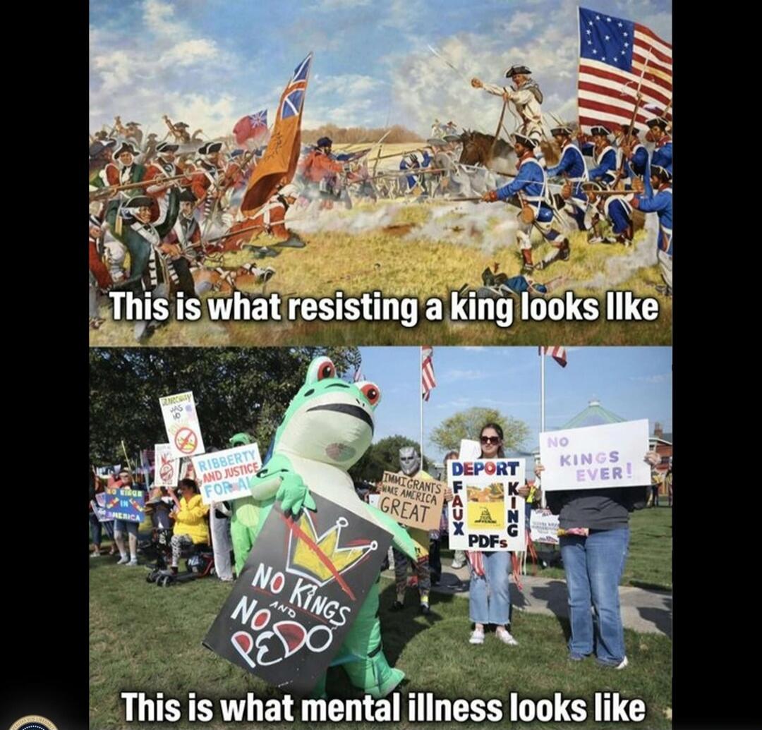 This is what resisting a king looks like. This is what mental illness looks like. RIBBERTY AND JUSTICE FOR ALL. IMMIGRANTS MAKE AMERICA GREAT. DEPORT F***ING PDFs. NO KINGS EVER! NO KINGS AND NO PEDO.