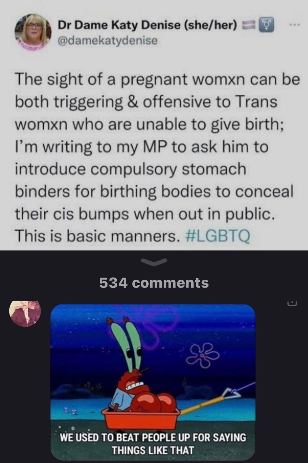 Dr Dame Katy Denise sheher damekatydenise The sight of a pregnant womxn can be both triggering offensive to Trans womxn who are unable to give birth Im writing to my MP to ask him to introduce compulsory stomach binders for birthing bodies to conceal their cis bumps when out in public This is basic manners 534 comments VIEUSEJ TO BEAT PEOPLE UP FOR SAYING THINGS LIKE THAT Kkray