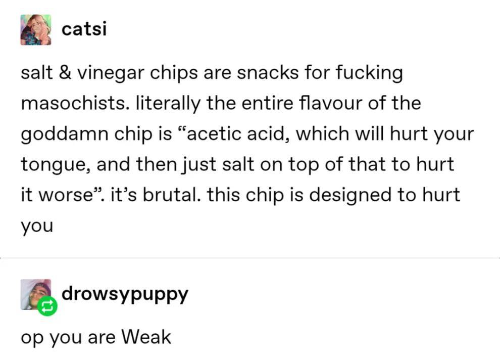 catsi salt vinegar chips are snacks for fucking masochists literally the entire flavour of the goddamn chip is acetic acid which will hurt your tongue and then just salt on top of that to hurt it worse its brutal this chip is designed to hurt you A drowsypuppy op you are Weak