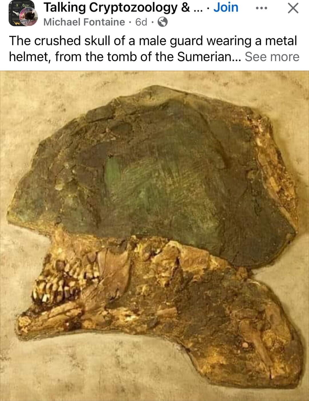 Talking Cryptozoology J Michael Fontaine 6d The crushed skull of a male guard wearing a metal helmet from the tomb of the Sumerian See more