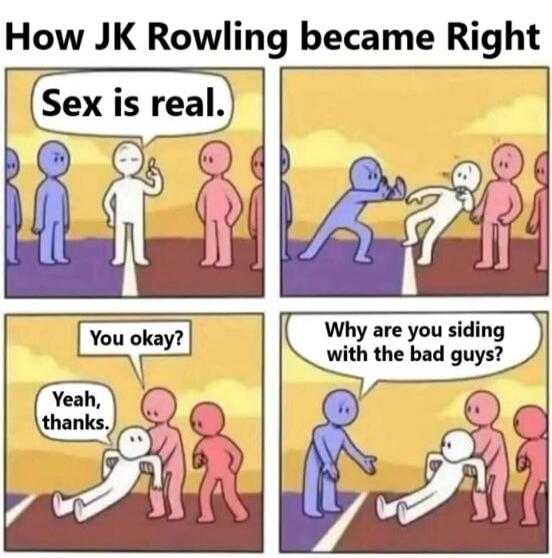 How JK Rowling became Right
Sex is real.
You okay?
Yeah, thanks.
Why are you siding with the bad guys?