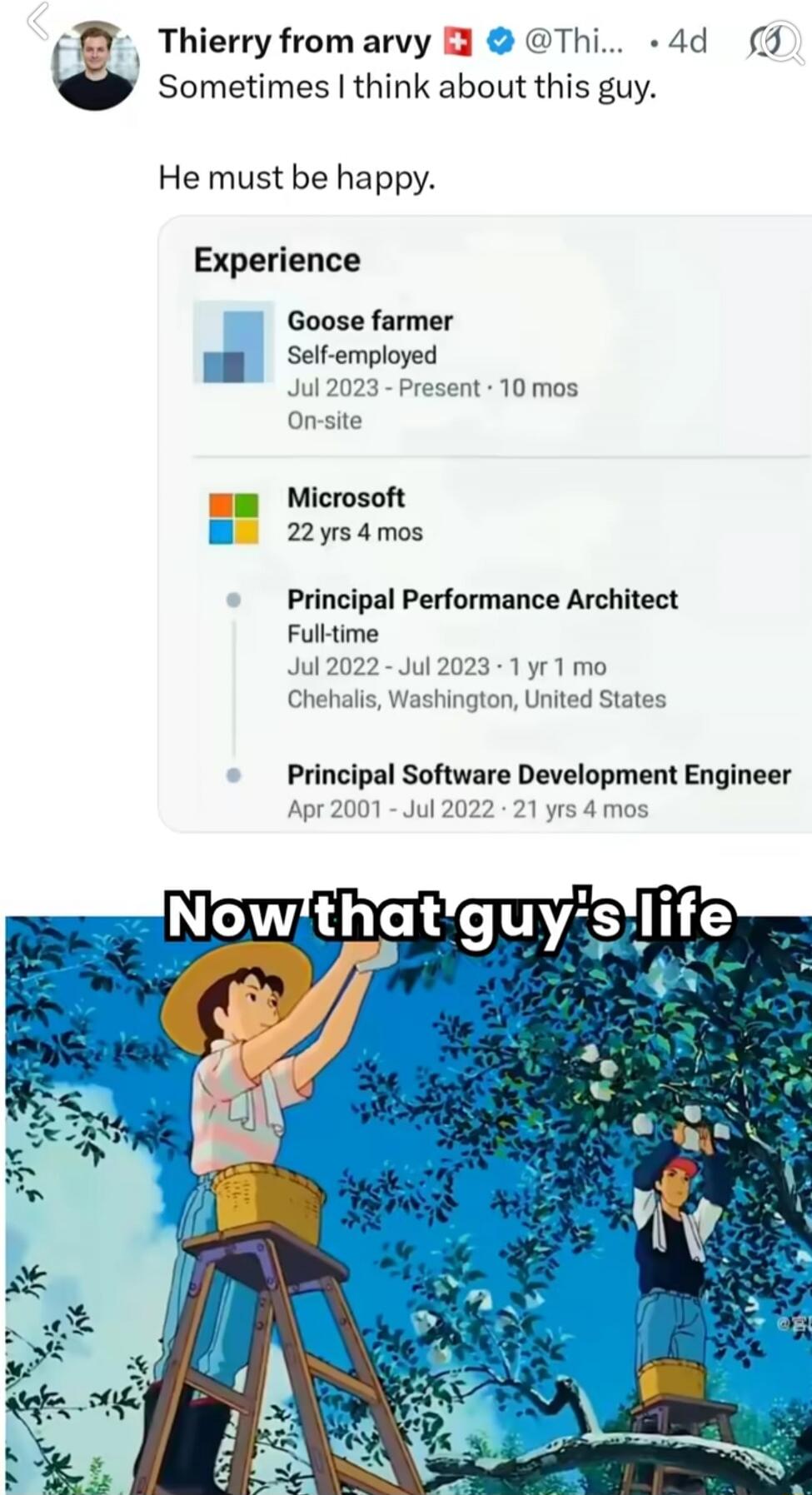 Thierry from arvy. Sometimes I think about this guy. He must be happy. Experience: Goose farmer, Self-employed, Jul 2023 - Present, 10 mos, On-site. Microsoft, 22 yrs 4 mos. Principal Performance Architect, Full-time, Jul 2022 - Jul 2023, 1 yr 1 mo, Chehalis, Washington, United States. Principal Software Development Engineer, Apr 2001 - Jul 2022, 2