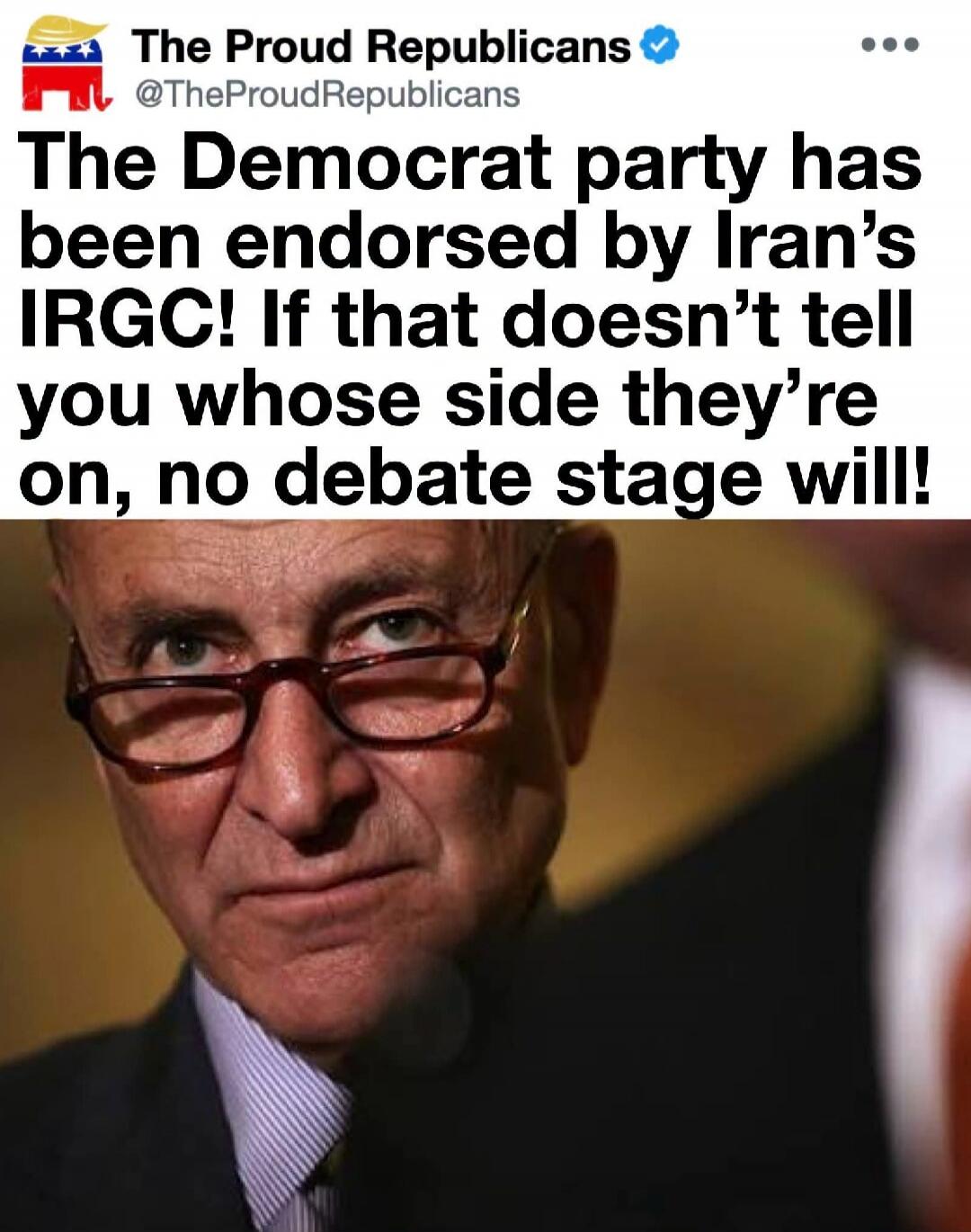 The Proud Republicans @TheProudRepublicans The Democrat party has been endorsed by Iran's IRGC! If that doesn't tell you whose side they're on, no debate stage will!