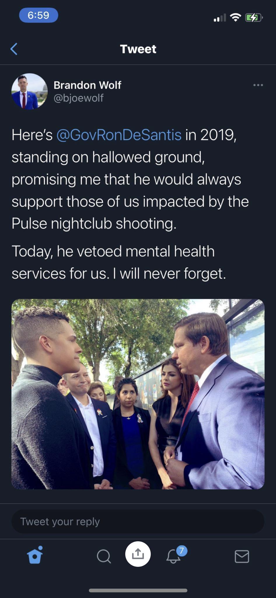 659 Y 4 Tweet Brandon Wolf i JelVeli Heres GovRonDeSantis in 2019 SiezgleIaleRelaNaF1eVTe Ne elUlale R olgenaIYIaleNaalRiar 10l alR Vo0 RENVEEIAS support those of us impacted by the 2VRalleal el VeXSigleleligle Today he vetoed mental health services for us will never forget d_ Tweet your reply o Ol IV N