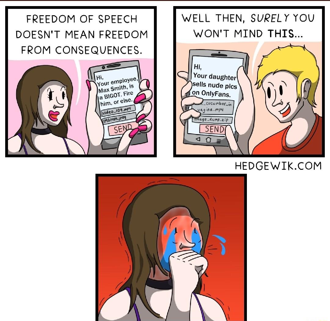 FREEDOM OF SPEECH WELL THEN SURELY YOU DOESNT MEAN FREEDOM WONT MIND THIS FROM CONSEQUENCES HEDGEWIKCOM