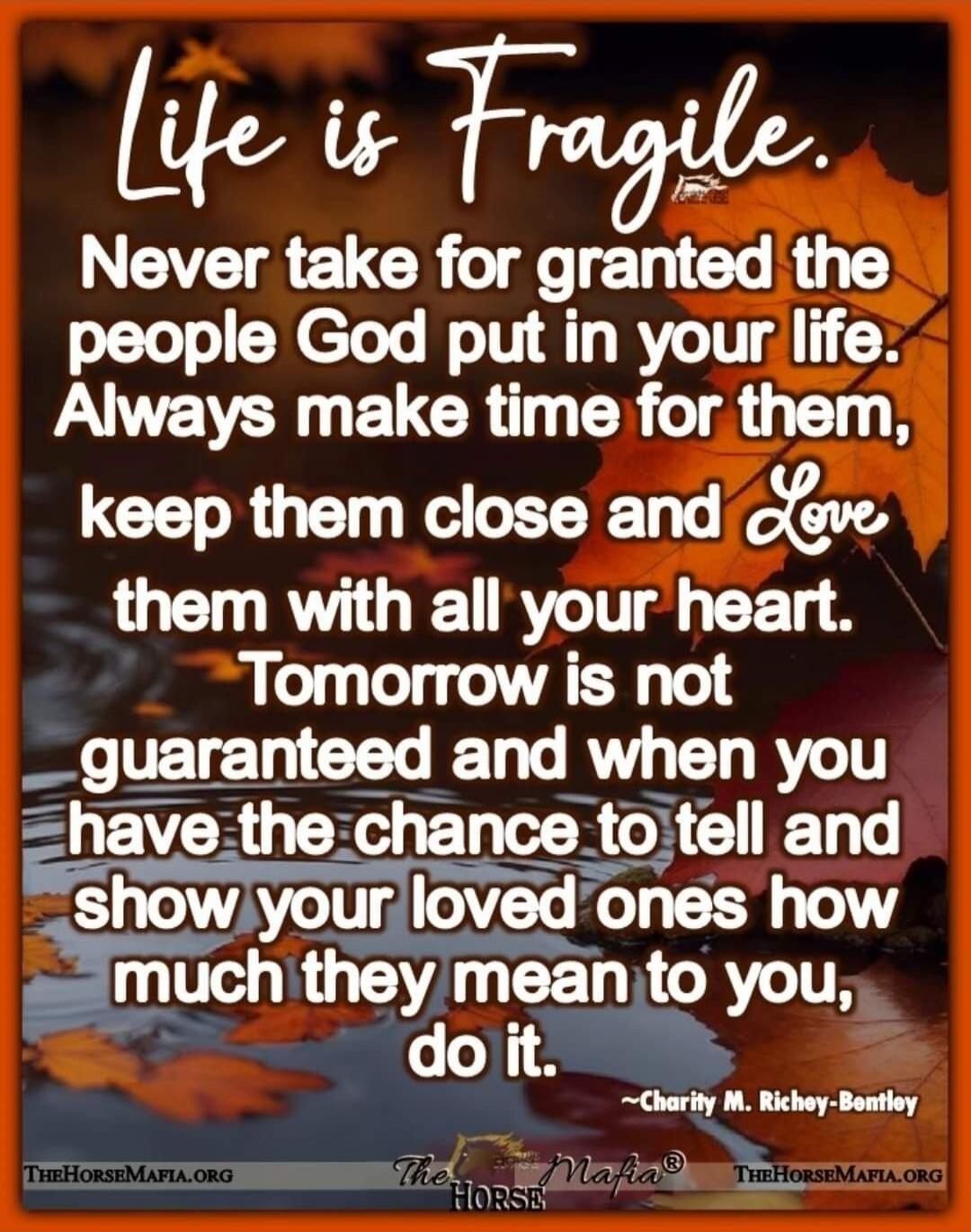Life is Fragile. Never take for granted the people God put in your life. Always make time for them, keep them close and Love them with all your heart. Tomorrow is not guaranteed and when you have the chance to tell and show your loved ones how much they mean to you, do it. -- Charity M. Richer-Bentley