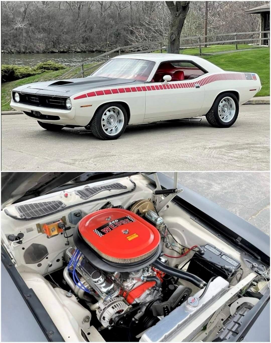 A classic white muscle car with red side stripes and a black hood, featuring a 340 WEDGE engine.