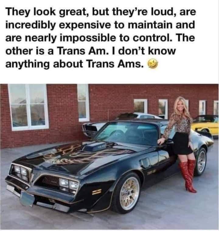 They look great but theyre loud are incredibly expensive to maintain and are nearly impossible to control The other is a Trans Am dont know anything about Trans Ams