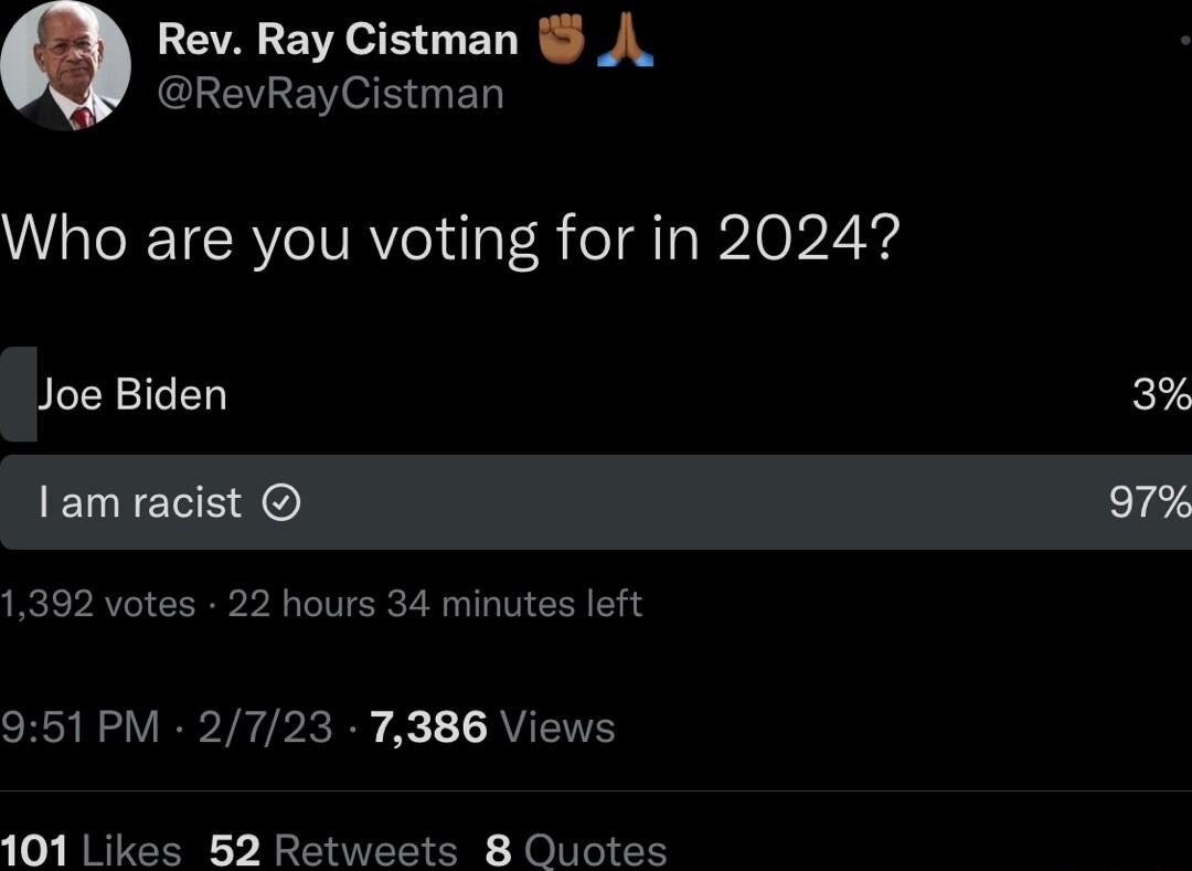 Rev Ray Cistman RevRayCistman Who are you voting for in 20247 lJoe Biden 3 1392 votes 22 hours 34 minutes left 951 PM 2723 7386 Views 101 Likes 52 Retweets 8 Quotes