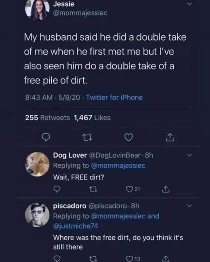 1 B R e VA2 Vo ToTe EETTe N ToYe o Yo o1V o SR 1Y of me when he first met me but Ive also seen him do a double take of a free pile of dirt 843 AM 5820 Twitter for iPhone 255 Retweets 1467 Likes o e v fu Dog Lover DoglovinBear 8h Replying to mommajessiec Wait FREE dirt 5 a vid fu o Piscadoro piscadoro 8h Replying to mommajessiec and justmiche74 Where was the free dirt do you think its stil there 1 