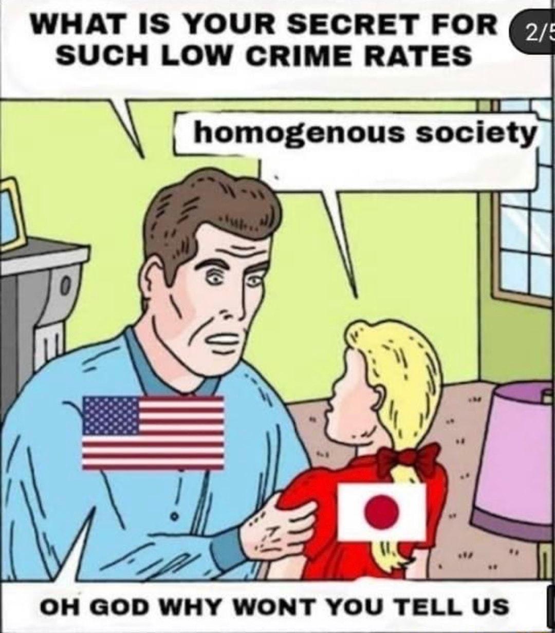 WHAT IS YOUR SECRET FOR Y SUCH LOW CRIME RATES e lr_homogenous society 0 P 5 LY Mg L JE l _1 we OH GOD WHY WONT YOU TELL US